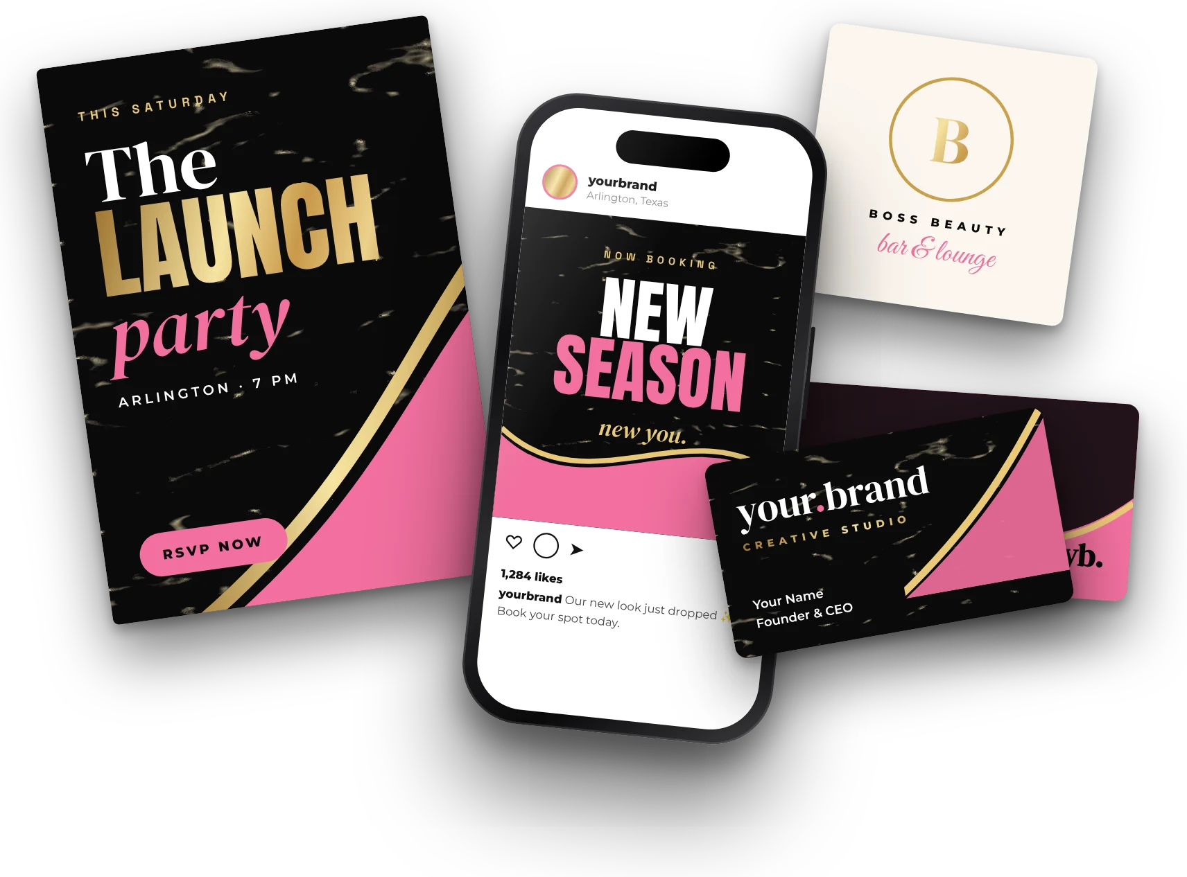 Sample flyer, social media post, logo and business cards